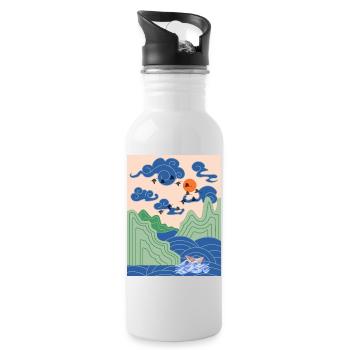 Korean Art Design with Cranes & Origami Boat - Water bottle with straw - white - Right