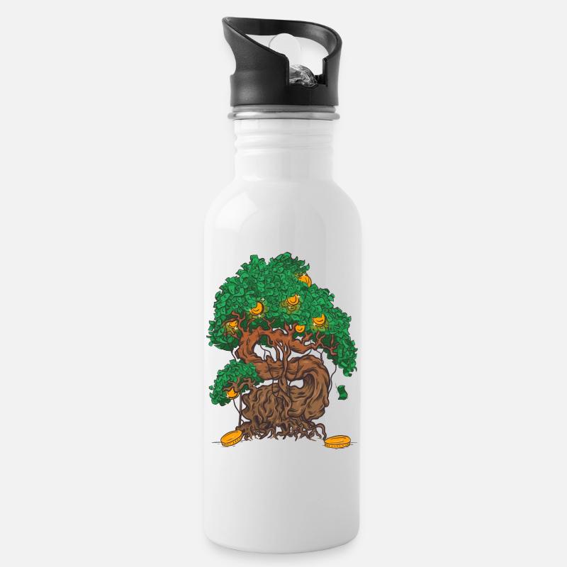 Geldbaum Bonsai mit Geldblättern und Goldmünze - Trinkflasche mit integriertem Trinkhalm - Weiß