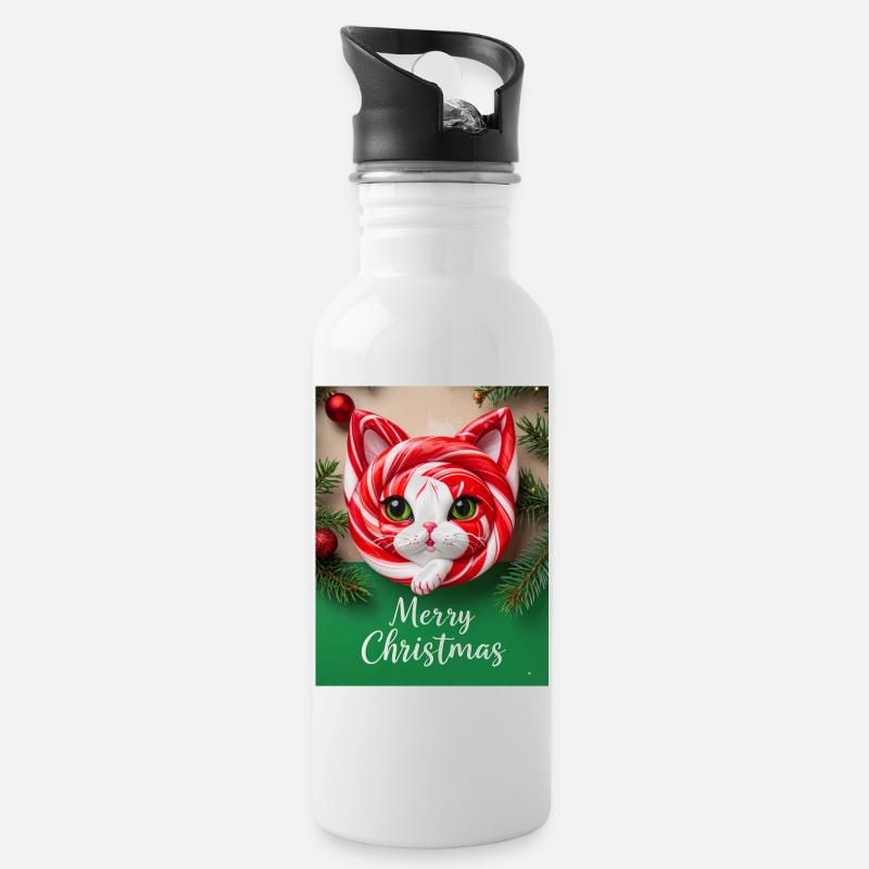 Weihnachtskatze Zuckerstange Look - Trinkflasche mit integriertem Trinkhalm - Weiß