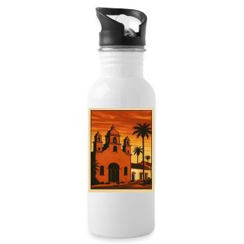 Sunset, church, palm trees and beach - Water bottle with straw - white - Right
