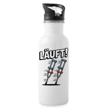 Krücken Spruch – Läuft! Lustiger Genesung Humor - Trinkflasche mit integriertem Trinkhalm - Weiß - Rechts