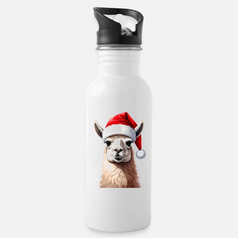 Lama oder Alpaka zu Weihnachten - Trinkflasche mit integriertem Trinkhalm - Weiß