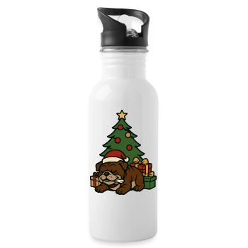Bulldog Sleeping by Tree Christmas Cartoon Art - Water bottle with straw - white - Right