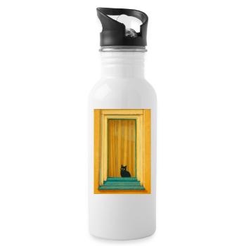 Cat in Turquoise Window Frame - Water bottle with straw - white - Right