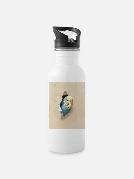 Wellensittich - Trinkflasche mit integriertem Trinkhalm - Weiß