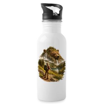 Wanderer trifft Naturgeist –Bär aus Waldlandschaft - Trinkflasche mit integriertem Trinkhalm - Weiß - Rechts