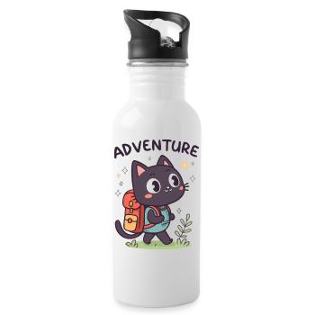 Adventurous Black Cat with Backpack - Water bottle with straw - white - Right