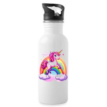Pink Unicorn with Rainbow and Clouds - Water bottle with straw - white - Right