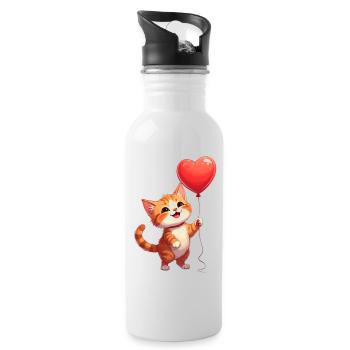 Katze mit Herzluftballon zum Valentinstag - Trinkflasche mit integriertem Trinkhalm - Weiß - Rechts