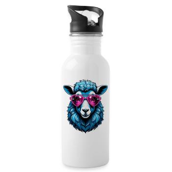 Blaues Schaf mit rosa Herzchenbrille - Trinkflasche mit integriertem Trinkhalm - Weiß - Rechts