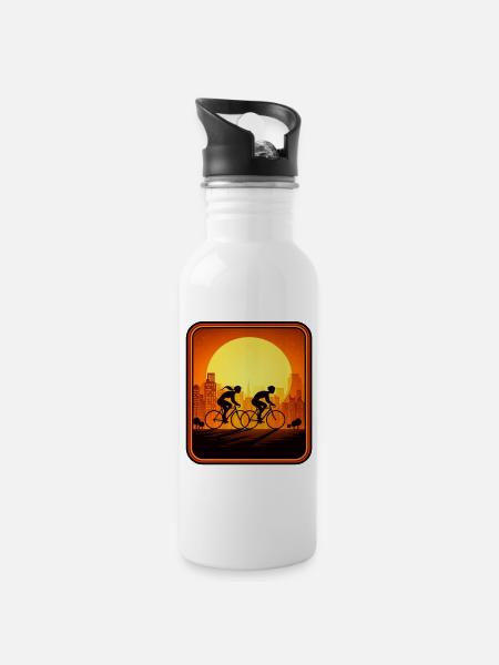 cyclists sunset - Water bottle with straw - white