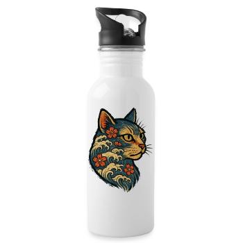 Japanese Cat Kanagawa Waves Sakura - Water bottle with straw - white - Right