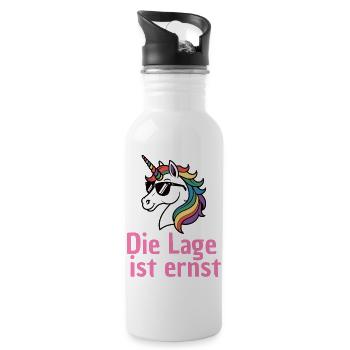 LAGE IST ERNST, COOLES EINHORN! LUSTIGER SPRUCH - Trinkflasche mit integriertem Trinkhalm - Weiß - Rechts