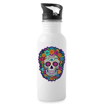 Tête de mort mexicaine sugar skull crâne fleurs - Gourde avec paille intégrée - blanc - Droite