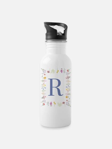 Floral Initials "R", Letters Monogram - Water bottle with straw - white