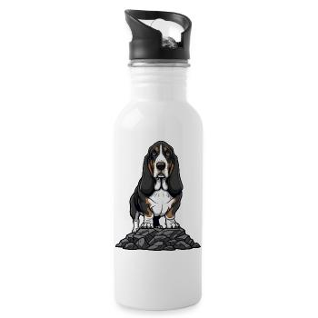 Basset Hound Dog on Rock Tricolor Portrait - Water bottle with straw - white - Right