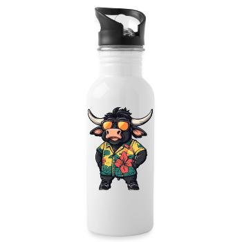 Stier Comic Urlaub - Trinkflasche mit integriertem Trinkhalm - Weiß - Rechts