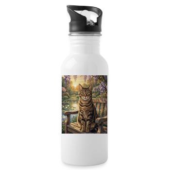 Chat tigré dans le jardin de glicine sereine - Gourde avec paille intégrée - blanc - Droite
