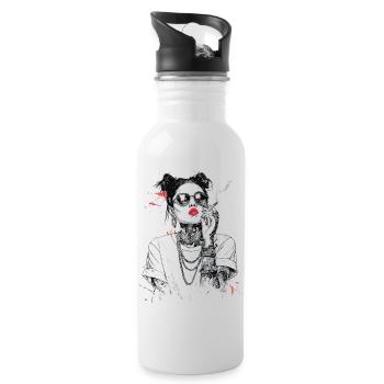 Girl Noir Queen mit roten Lippen - Trinkflasche mit integriertem Trinkhalm - Weiß - Rechts
