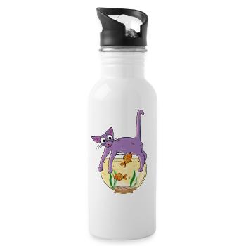 Purple cat on fishbowl - Water bottle with straw - white - Right