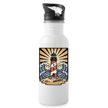 Leuchtturm, Meereswellen, Sonne, Retro-Tattoo - Trinkflasche mit integriertem Trinkhalm - Weiß - Rechts