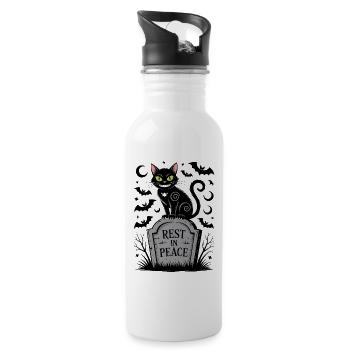 A black cat on the Rest in Peace tombstone - Water bottle with straw - white - Right