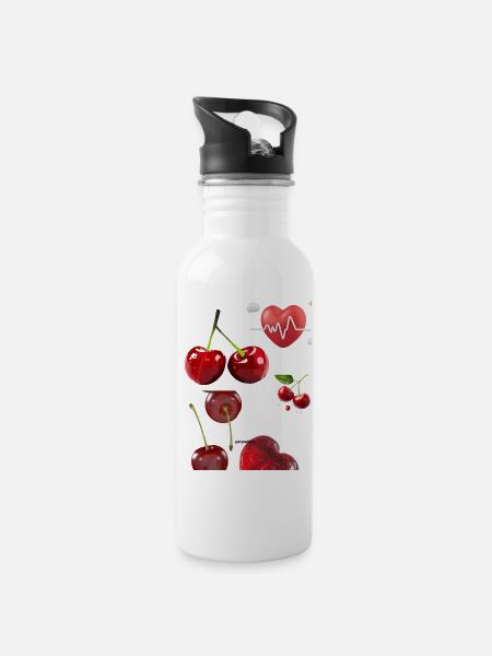 Cherries and the Throbbing Heart - Water bottle with straw - white