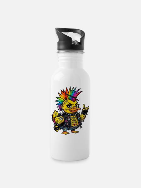 Punk-Gummiente mit Regenbogen Irokesenschnitt - Trinkflasche mit integriertem Trinkhalm - Weiß