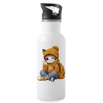 Kawaii-Kätzchen im gelben Hoodie - Trinkflasche mit integriertem Trinkhalm - Weiß - Rechts