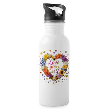 Love Your Self Blütenherz Design - Trinkflasche mit integriertem Trinkhalm - Weiß - Rechts