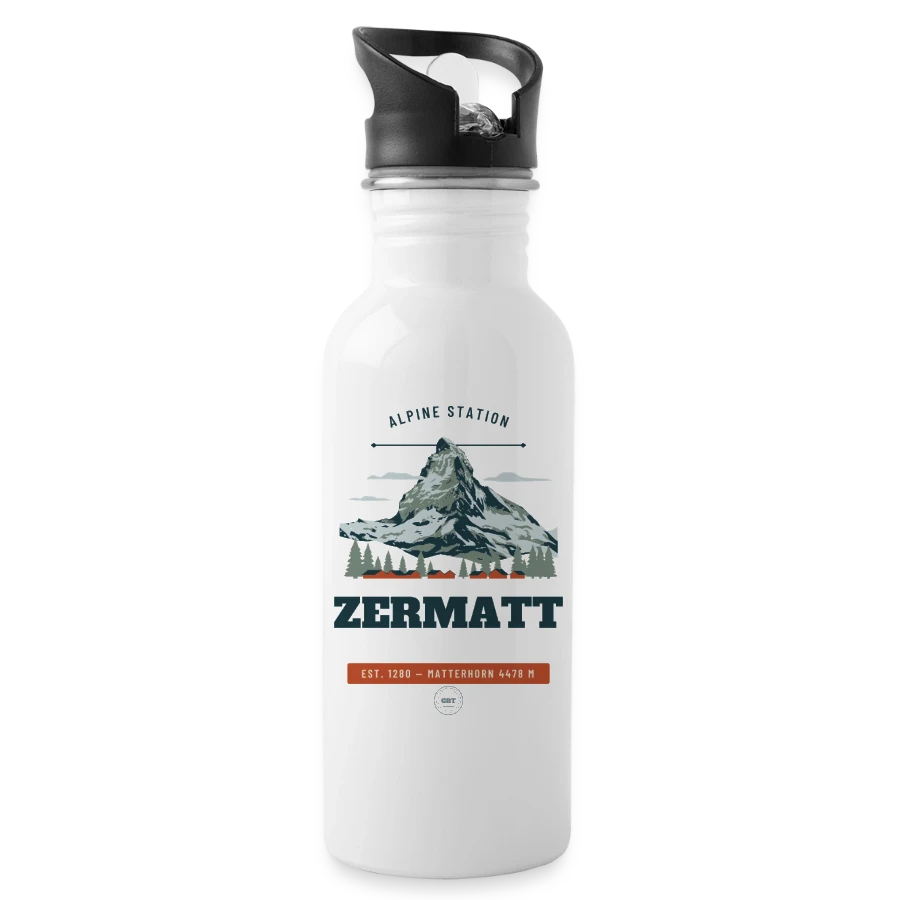Zermatt badge on a water bottle with straw, white