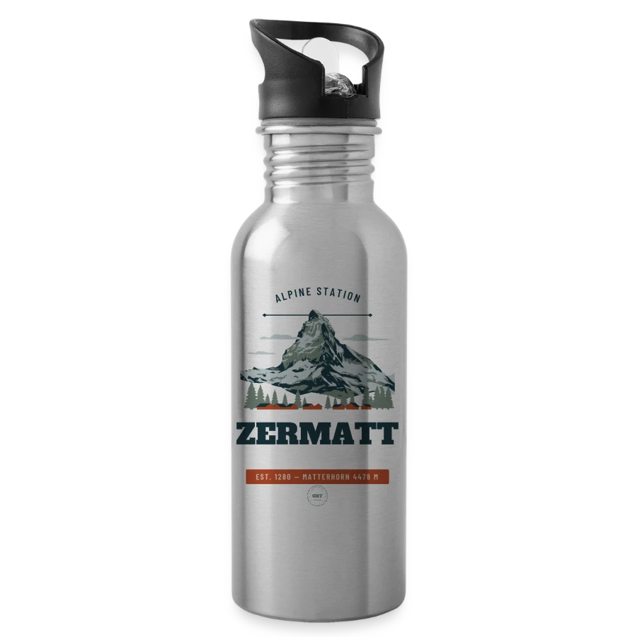 Zermatt badge on a water bottle with straw, silver