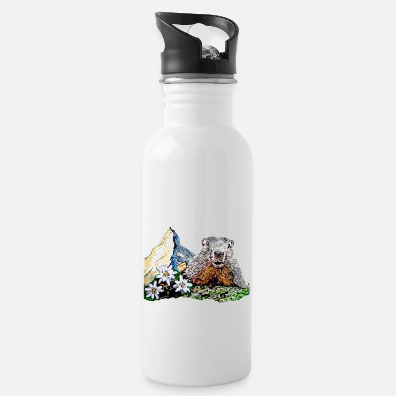 Scherenschnitt Alpen Matterhorn Murmeltier - Trinkflasche mit integriertem Trinkhalm - Weiß
