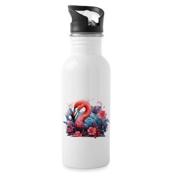 Flamingo Tropical Flowers Bird - Water bottle with straw - white - Right