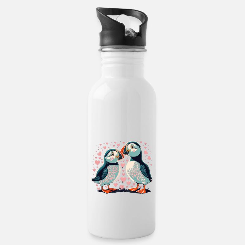 Verliebte Papageientaucher, Love Puffins - Trinkflasche mit integriertem Trinkhalm - Weiß