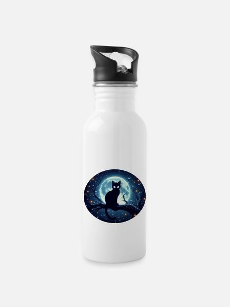 Cat sitting on a branch at full moon - Water bottle with straw - white