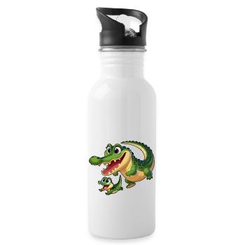 Crocodile mother and child frolicking - Water bottle with straw - white - Right