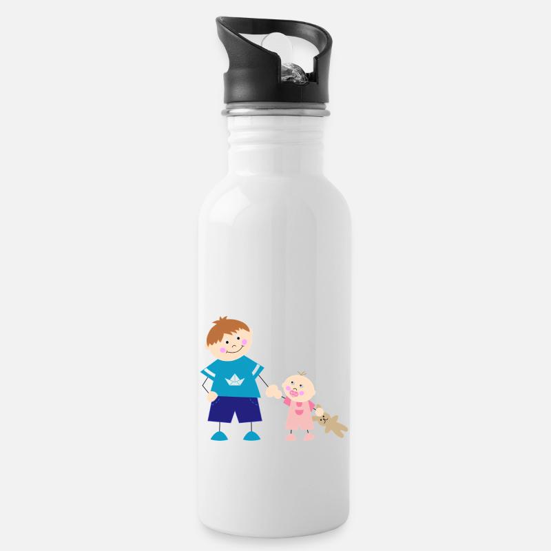 Der große Bruder und die kleine Schwester - Trinkflasche mit integriertem Trinkhalm - Weiß