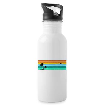 Retro Sunset Stripes with Palm Island - Water bottle with straw - white - Right