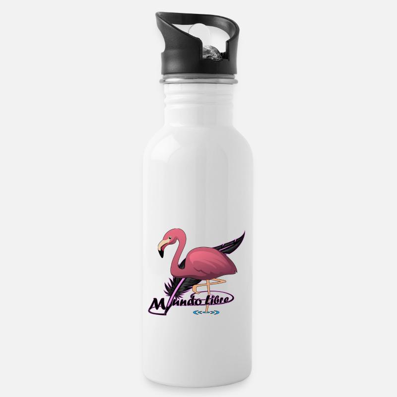 Flamenco-Vogel - Trinkflasche mit integriertem Trinkhalm - Weiß