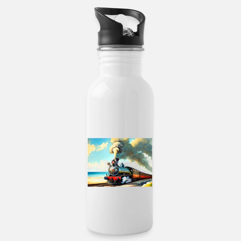 Dampflok am Strand - Trinkflasche mit integriertem Trinkhalm - Weiß