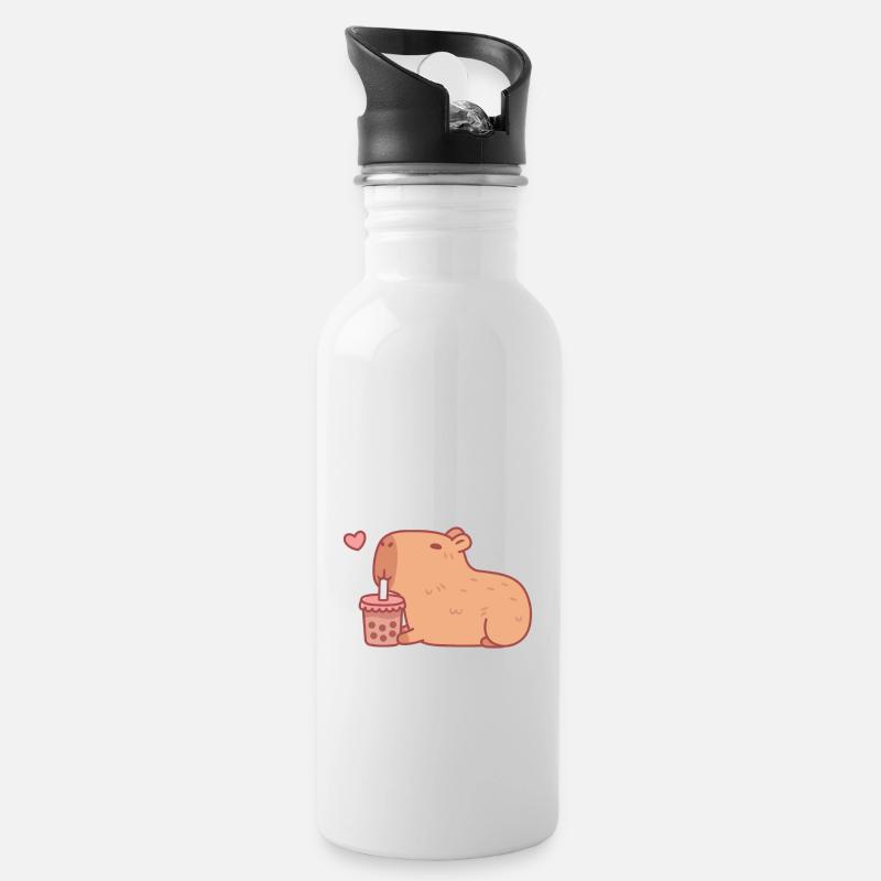 Süßes Wasserschwein kühlend mit Bubble Tea - Trinkflasche mit integriertem Trinkhalm - Weiß