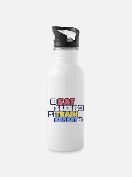 Essen, Schlafen, Trainieren, Wiederholen – Fitness - Trinkflasche mit integriertem Trinkhalm - Weiß