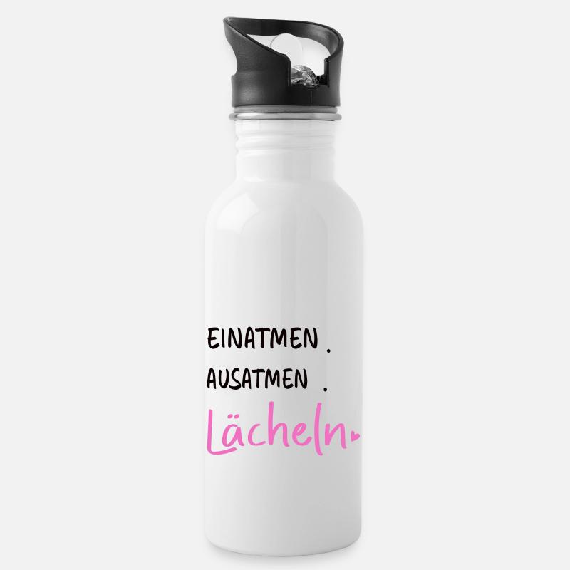 Einatmen. Ausatmen. Lächeln - Sprüche Statement - Trinkflasche mit integriertem Trinkhalm - Weiß