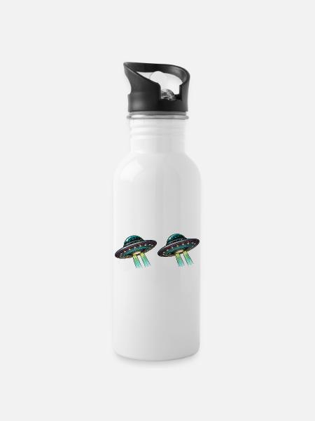 Ufos Untertasse Comic - Trinkflasche mit integriertem Trinkhalm - Weiß