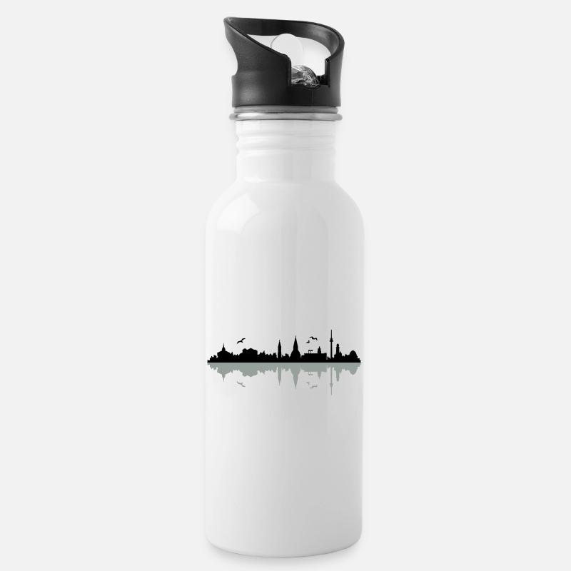 Skyline Kiel - Trinkflasche mit integriertem Trinkhalm - Weiß