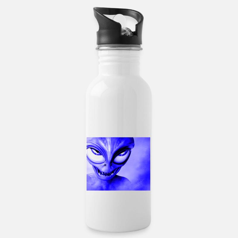 Alien with Sharp Teeth Design - Blue - Water bottle with straw - white