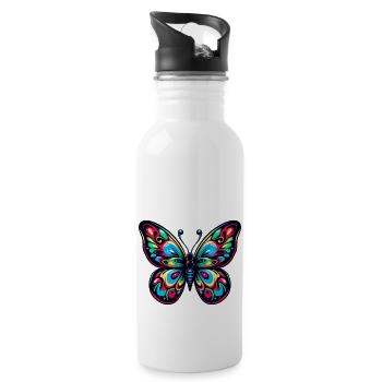 Bunter Schmetterling - Trinkflasche mit integriertem Trinkhalm - Weiß - Rechts