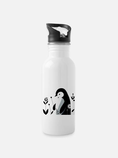 Pinguin mit Blumen - Trinkflasche mit integriertem Trinkhalm - Weiß