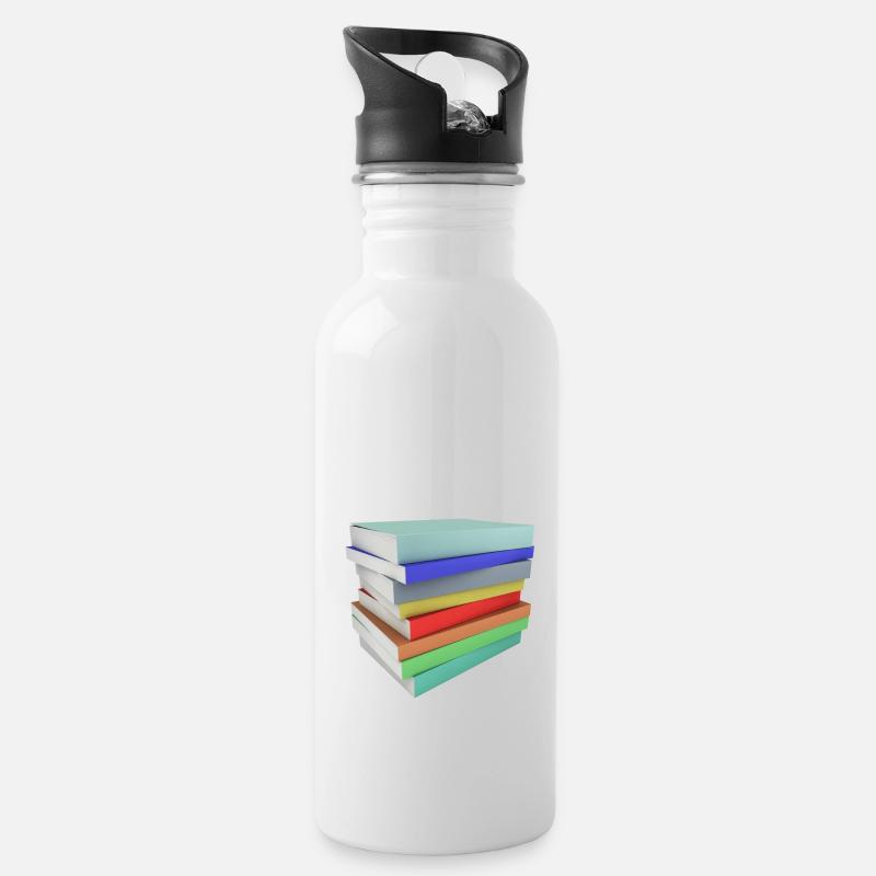 Stapel Bücher - Trinkflasche mit integriertem Trinkhalm - Weiß